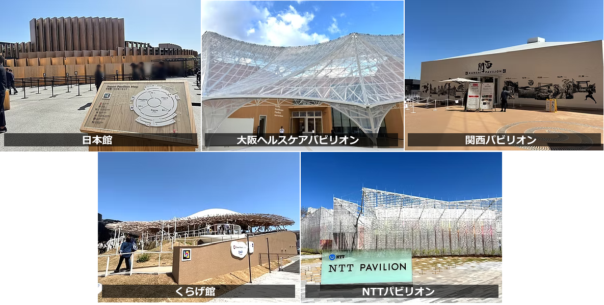 ナビレンスが設置された「日本館」「大阪ヘルスケアパビリオン」「関西パビリオン」「くらげ館」「NTTパビリオン」